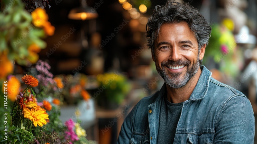 Fototapeta premium Smiling man flower shop portrait, floral background