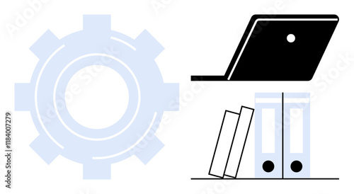 Gear cog symbol on left, black and white laptop on shelf, two binders, three leaning books on right. Ideal for office setup, productivity, digital economy, organization, workflow technology