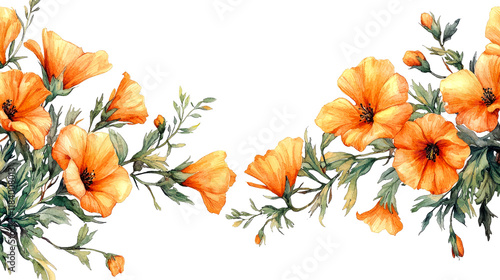 Watercolor California Poppies: A Botanical Illustration of Vibrant Orange Blooms photo