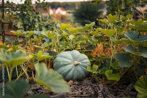 A photo of a Cucurbita pepo pumpkin in a garden photo