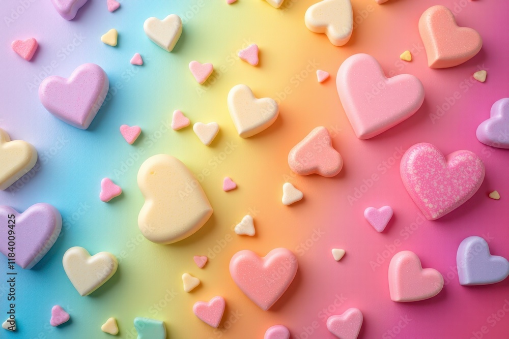 Fototapeta premium Pastel Heart Shaped Candies on Rainbow Background Valentine s Day Sweets