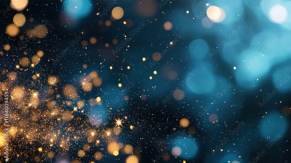 Fototapeta premium A cluster of golden particles forming a glowing nebula, with subtle light flares and lens flares adding to the cosmic atmosphere.