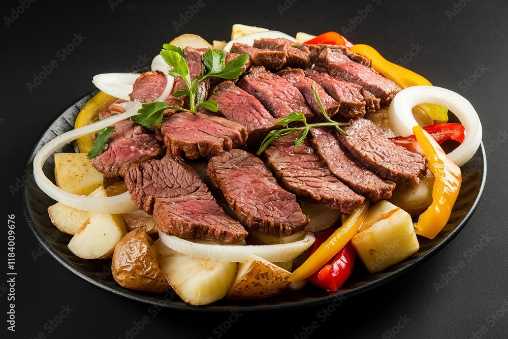 A photo of a plate with a fried beef meat in oil, potatoes, onions, and bell peppers A photo of a plate with a fried beef meat in oil, potatoes, onions, and bell peppers