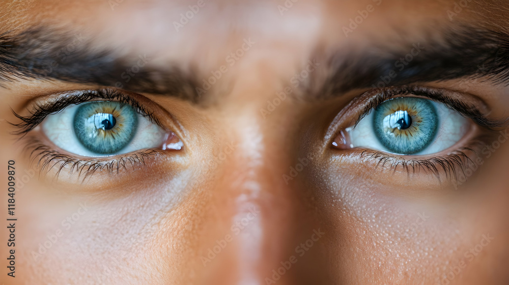 Naklejka premium Intense blue eyes, close-up, man, sunlight, background blur, advertising