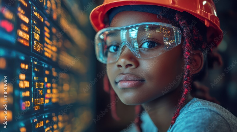 Girl engineer, safety glasses, control room, data screen, future tech Girl engineer, safety glasses, control room, data screen, future tech