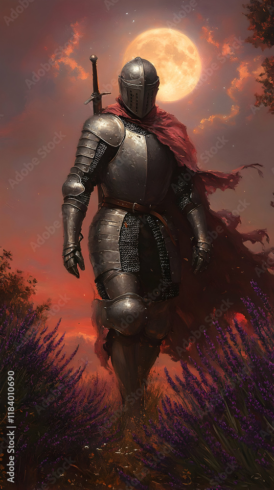 Fototapeta premium A lone knight in shining armor walks through a lavender field at sunset, under the glow of a full moon. The scene is evocative of a medieval fantasy,