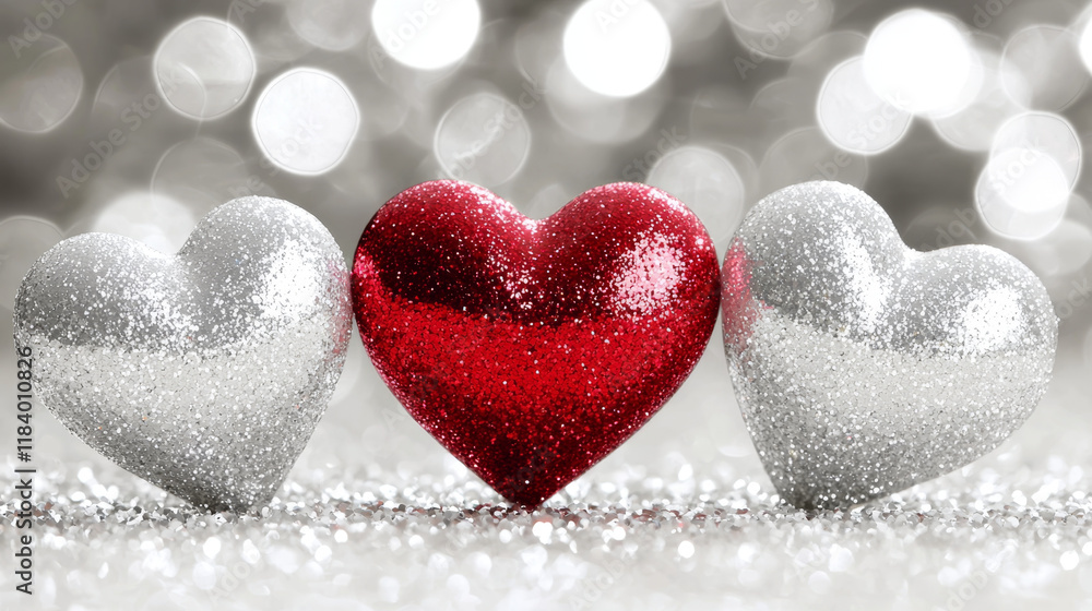 Sparkling red and silver hearts on glittering background. Sparkling red and silver hearts on glittering background.