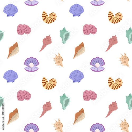 Seashell seamless pattern. Summer time, beach, holidays. Water, sea life. Vector isolated on white background	