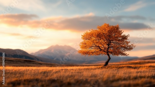 A lone tree in a vast autumn landscape exudes an ethereal beauty, showcasing the golden hues of the season, inviting reflection and connection with nature's cycles. photo