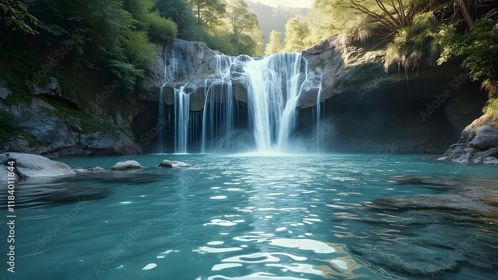 Naklejka premium Serene Silver Waterfall, Pristine Nature and Water Conservation Photography