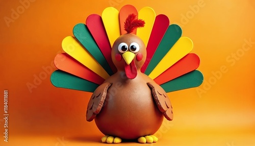 Cheerful turkey craft decoration on vibrant orange backdrop for holiday theme photo