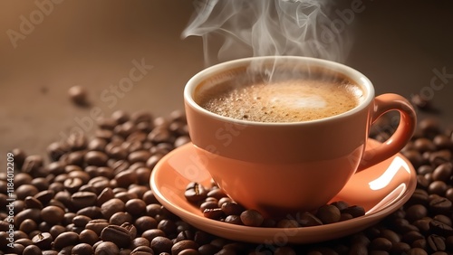 Artisan Coffee, Steaming Cup with Rich Crema and Peach-Colored Beans photo