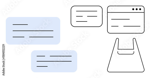 Computer monitor, browser window, messaging and chat boxes with text lines. Ideal for digital communication, online feedback, user interface design, customer support, virtual interaction, information