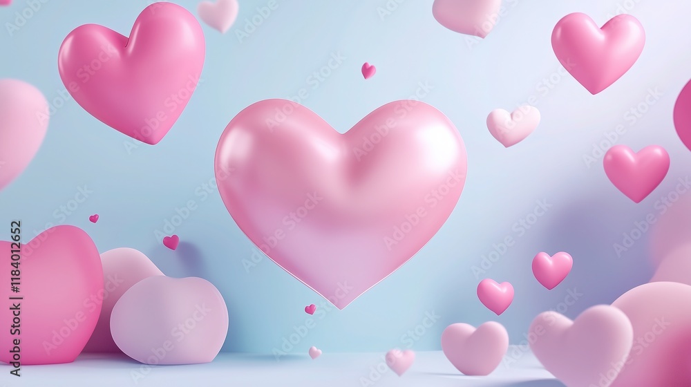 3D Rendering of Pink Heart-Shaped Balloons Flying on Light Blue Background, Valentine's Day Celebration, Romantic Mood 3D Rendering of Pink Heart-Shaped Balloons Flying on Light Blue Background, Valentine's Day Celebration, Romantic Mood