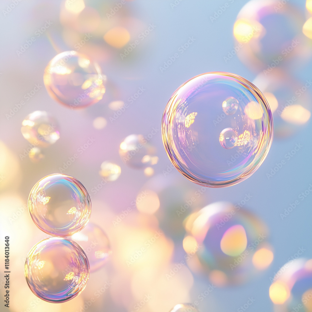 Close-up view of soap bubbles with rainbow-like reflections, floating delicately in a soft-focus outdoor background, creating a magical and colorful atmosphere Close-up view of soap bubbles with rainbow-like reflections, floating delicately in a soft-focus outdoor background, creating a magical and colorful atmosphere