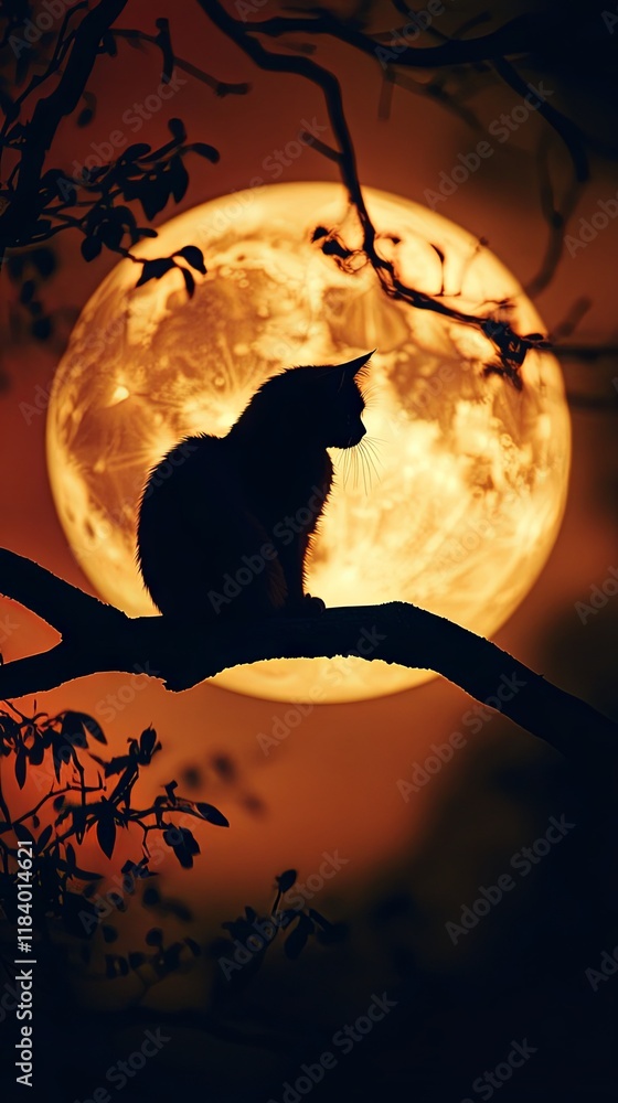 Mysterious Black Cat Silhouetted Under a Fiery Orange Moon Mysterious Black Cat Silhouetted Under a Fiery Orange Moon