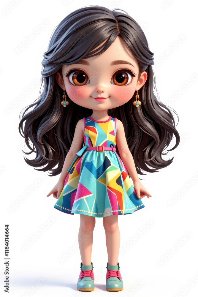 Adorable Cartoon Girl with Long Black Hair in Colorful Dress 3D Render Adorable Cartoon Girl with Long Black Hair in Colorful Dress 3D Render