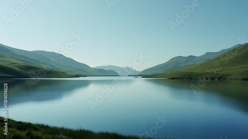 Serene Minimalist Lake Landscape, Calm Water Reflecting Clear Blue Sky, Green Rolling Hills