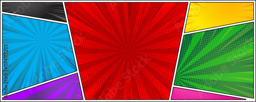comic book page template in red, blue, yellow, green, purple, black cases for cartoons, poster, books