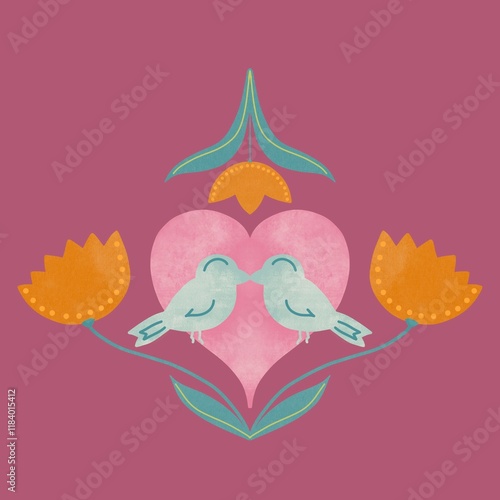 Fotografía Folk Art Lovebirds and Heart Illustration with Florals
