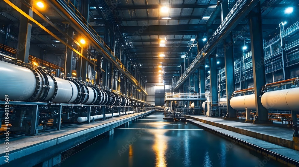 Obraz premium A modern desalination plant with rows of advanced filtration systems and pipelines, processing seawater into fresh water under bright industrial lighting 
