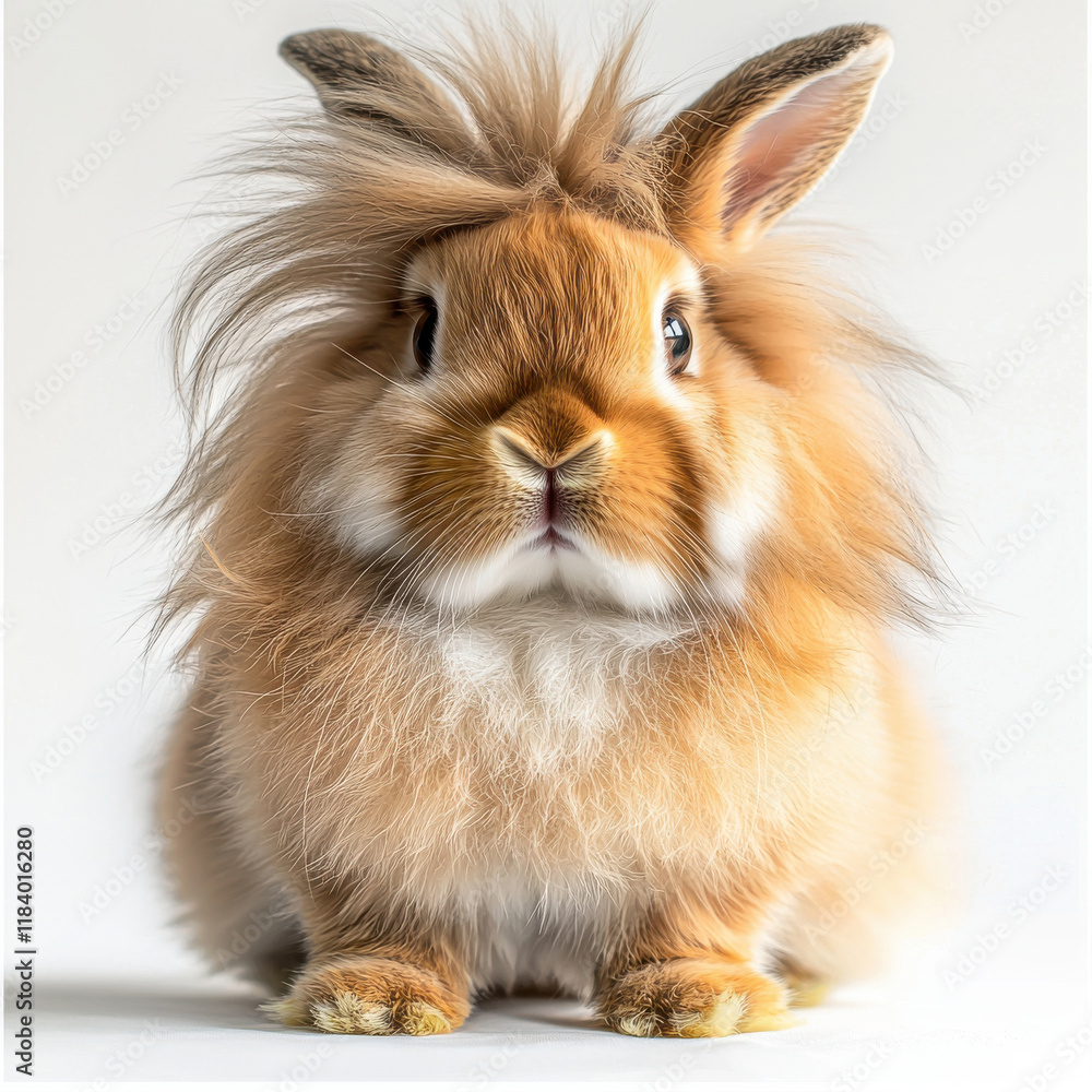 Lionhead Rabbit with Fluffy Mane on White Lionhead Rabbit with Fluffy Mane on White
