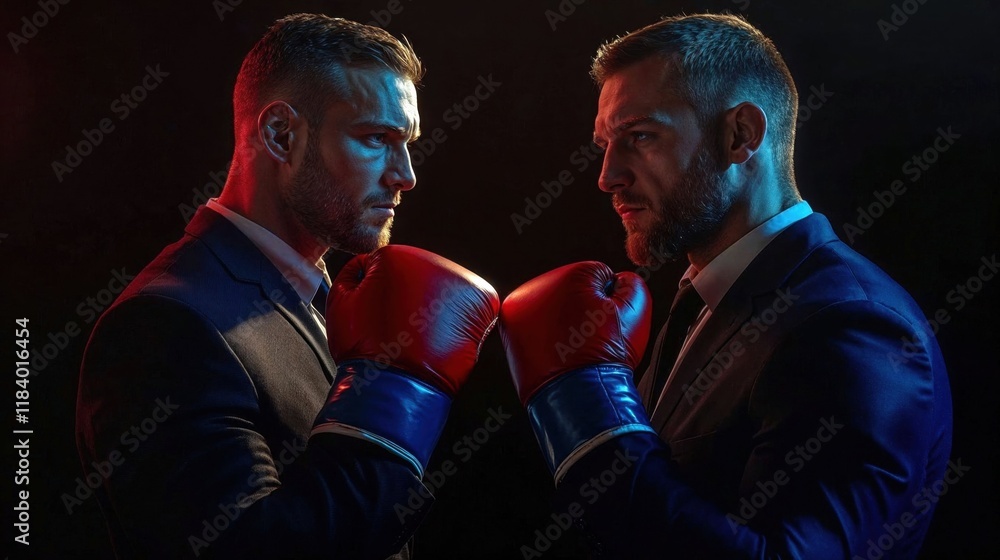 businessmen in suits face off with boxing gloves, symbolizing competition, ambition, and conflict in a dramatic and dynamic setting businessmen in suits face off with boxing gloves, symbolizing competition, ambition, and conflict in a dramatic and dynamic setting