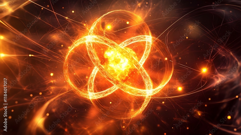 A vibrant, artistic representation of nuclear fission, where glowing atomic particles interact in dynamic patterns, surrounded by swirling energy fields and abstract visual elements, symbolizing A vibrant, artistic representation of nuclear fission, where glowing atomic particles interact in dynamic patterns, surrounded by swirling energy fields and abstract visual elements, symbolizing