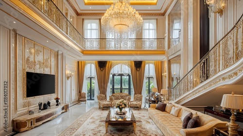 A stunning gold chandelier with intricate detailing hanging from an ornate ceiling, casting a warm and elegant glow over the luxurious room with high ceilings and lavish decor  photo