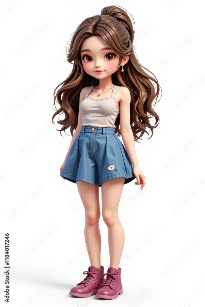 Adorable Anime Girl in Denim Shorts Casual Summer Outfit 3D Render Adorable Anime Girl in Denim Shorts Casual Summer Outfit 3D Render