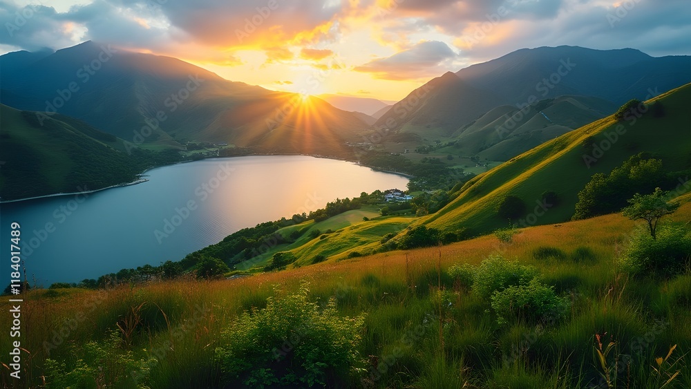 Obraz premium Serene Sunset Lake in Rolling Green Hills, Breathtaking Landscape Photography