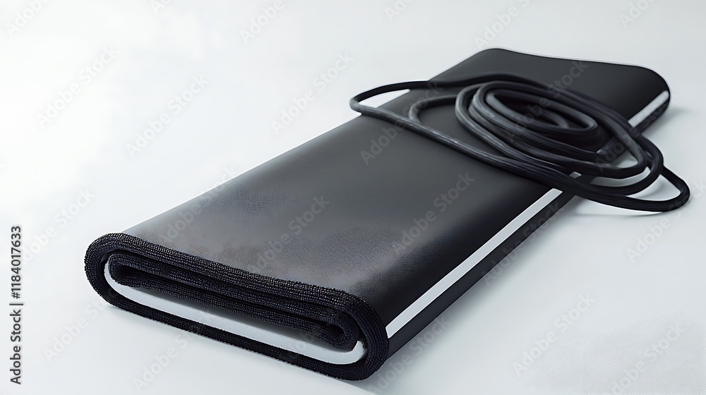 A black object with a white cord attached to it A black object with a white cord attached to it