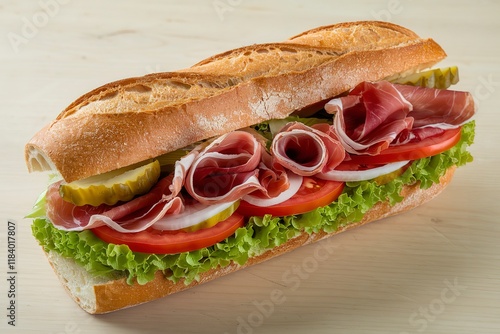 a baguette sandwich filled with fresh ingredients photo