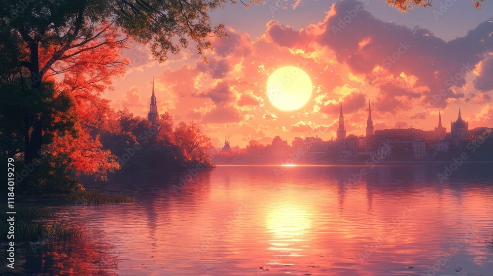 Autumn sunset over calm lake, city skyline, fall foliage Autumn sunset over calm lake, city skyline, fall foliage