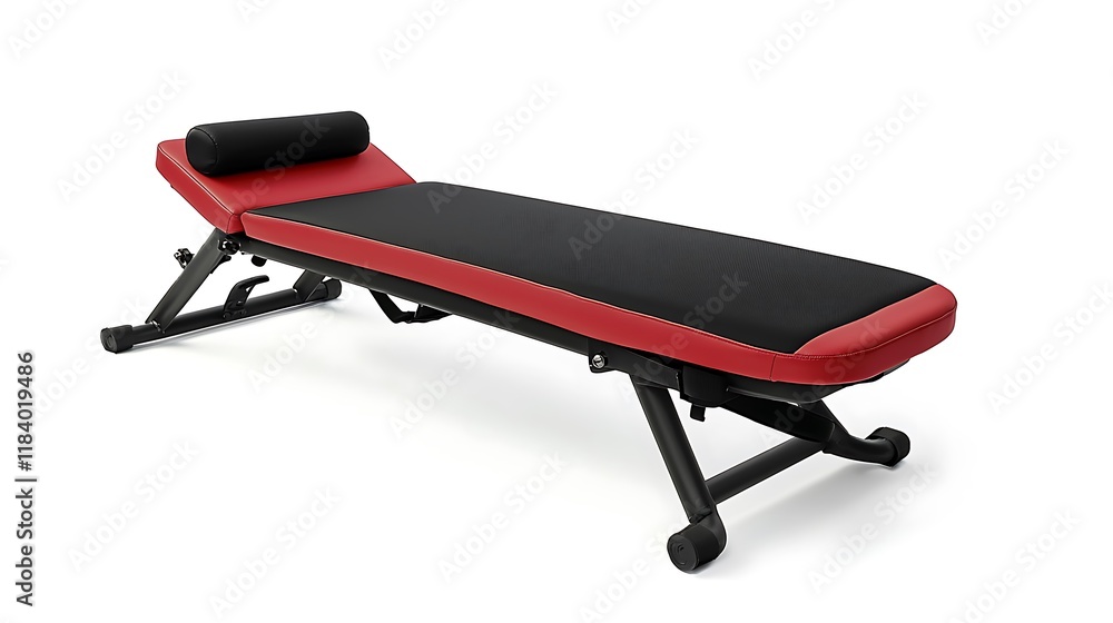 A red and black exercise bed with a black pillow A red and black exercise bed with a black pillow