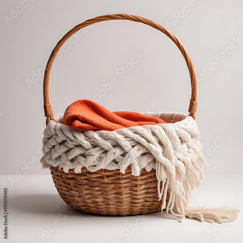 A woven basket with a small throw blanket, placed on a white background.