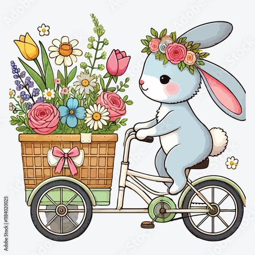 Cute Hare Biking or Cycling Riding Bicycle Pulling Trolley with Flowers Vector Illustration stock illustration