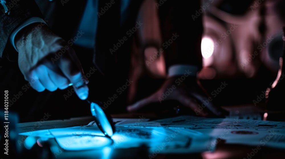 Detective examining evidence with fingerprints and magnifying glass against blurred crime scene background. Detective examining evidence with fingerprints and magnifying glass against blurred crime scene background.