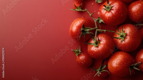 An inviting collection of fresh, dewy tomatoes against a striking red backdrop showcases their vibrant color and texture, emphasizing the natural beauty and appeal of fresh produce. photo