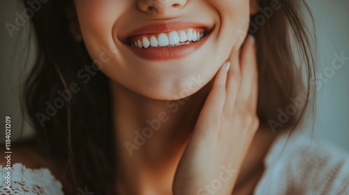 Close up cropped portrait of cheerful peaceful stunning girl beaming smile good mood enjoy pastime apartment inside