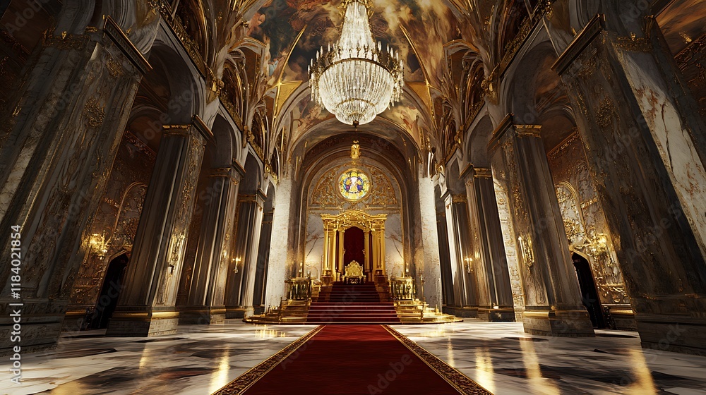 Fototapeta premium Grand throne room interior with marble floors, gold accents, and a red carpet leading to a majestic throne.