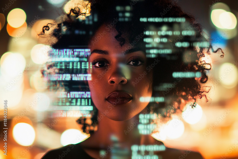 Portrait of a woman with digital overlay at night Portrait of a woman with digital overlay at night
