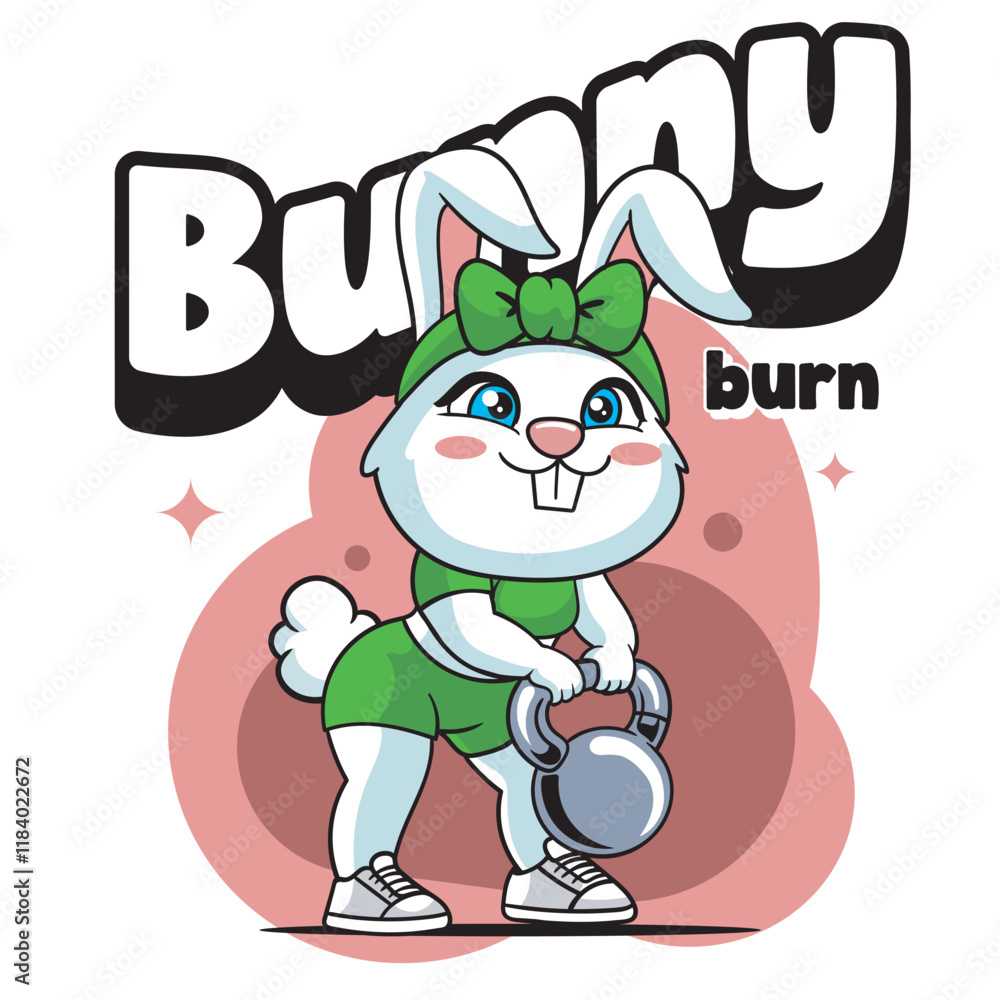 Fototapeta premium Vector Illustration of Bunny Lifting A Kettlebell with Retro Mascot Illustration Available for Tshirt Design