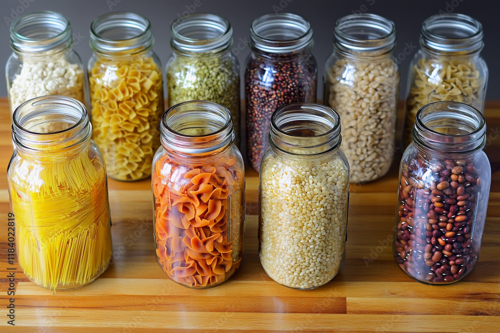 Colorful collection of dried pasta in glass jars on wood Colorful collection of dried pasta in glass jars on wood