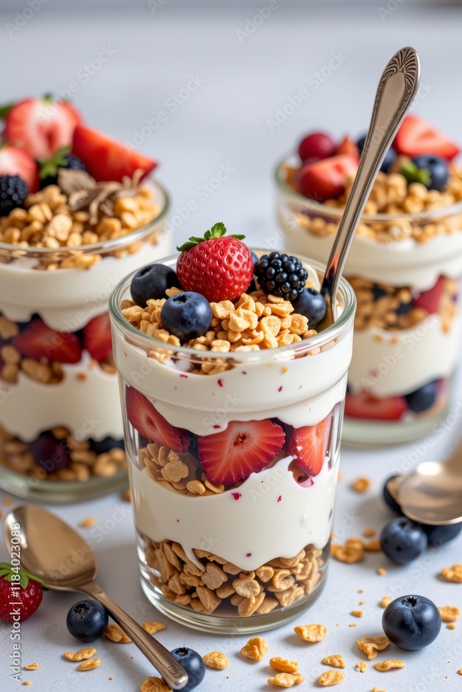 Delicious Layered Yogurt Parfait with Berries Granola and Strawberries Delicious Layered Yogurt Parfait with Berries Granola and Strawberries