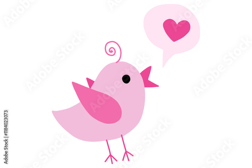 Cute bird with speech bubble with heart illustration. Valentine's day decorative element. Stock vector illustration isolated on white background.