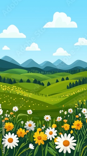 Serene Rolling Hills in Summer Bloom - Flat Design Illustration