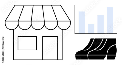 Storefront with awning represents physical retail business, bar chart for data analysis and growth, shoe display for product marketing. Ideal for retail strategy, sales analysis, marketing, business
