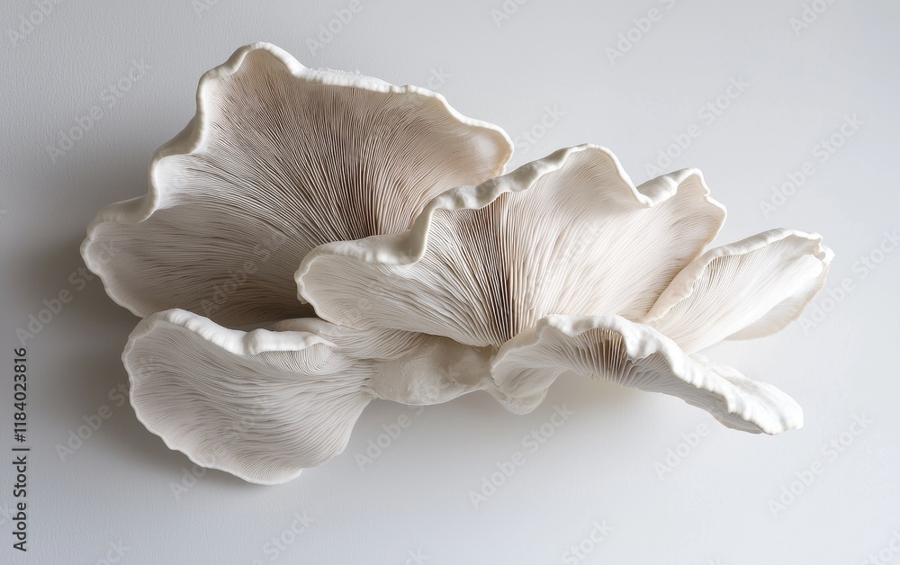 A single oyster mushroom elegantly hovering with delicate texture on white A single oyster mushroom elegantly hovering with delicate texture on white