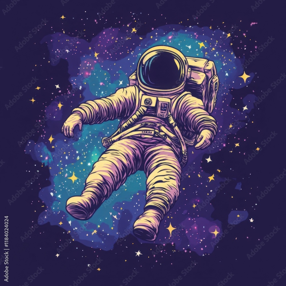 Colorful Cosmic Illustration of Astronaut Floating in Space Colorful Cosmic Illustration of Astronaut Floating in Space